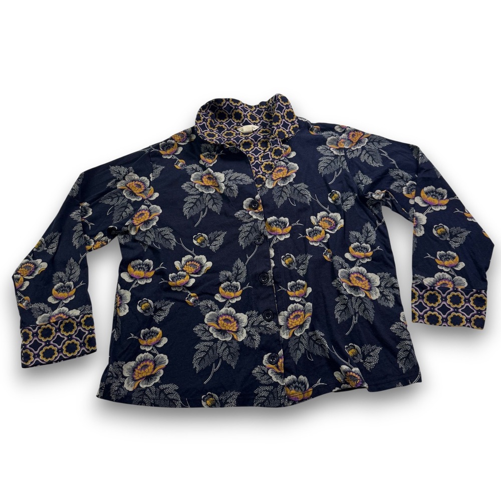 Vera Bradley Women Navy Blue Floral Cotton Pajama Top Long Sleeve Size M 1908043